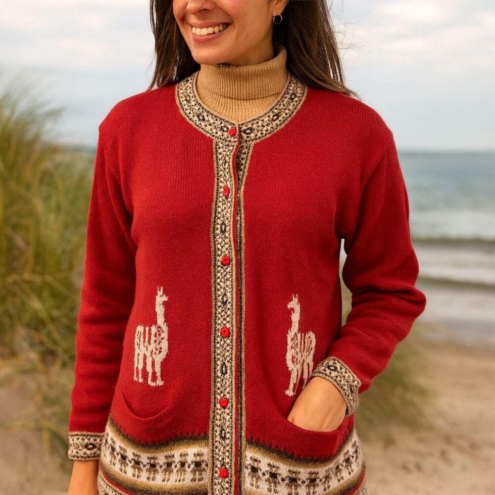ALPACA Wool LLAMA CARDIGAN Womens Size L Vintage Red Boho Cottagecore Soft Comfy